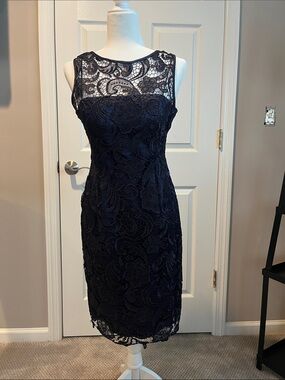 Adrianna Papell Navy Lace Illusion Midi Dress